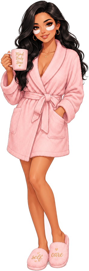 The Daily Sip girl in a robe and eye mask with a mug